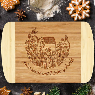 Geschenk-Bambus-Schneidebrett mit Gravur – Motiv Zuhause