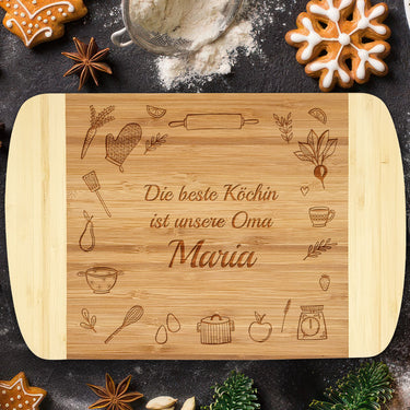 Geschenk-Bambus-Schneidebrett mit Gravur – Motiv Küchenutensilien