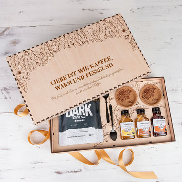 Premium-Kaffeeset in Holzbox mit individuellem Motiv