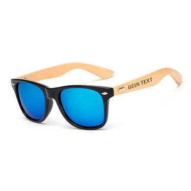 Sonnenbrille mit Bambusbügeln – schwarzes Gestell mit blauen Gläsern