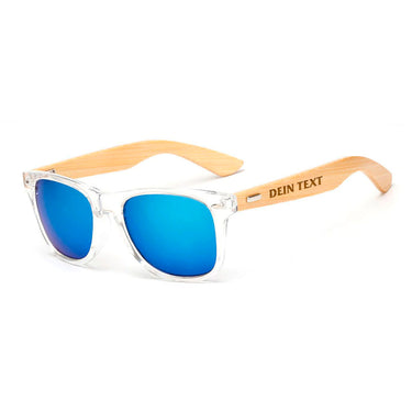 Sonnenbrille mit Bambusbügeln – transparentes Gestell mit blauen Gläsern