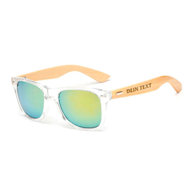 Sonnenbrille mit Bambusbügeln – transparentes Gestell mit goldenen Gläsern